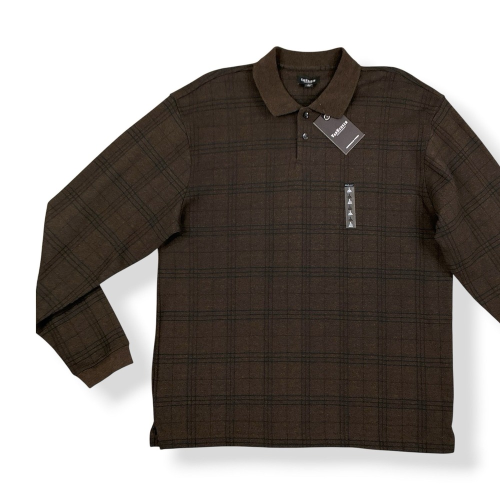 Van Heusen Polo Shirt Mens Large Brown Long Sleeve Grid Pattern Collared NWT
